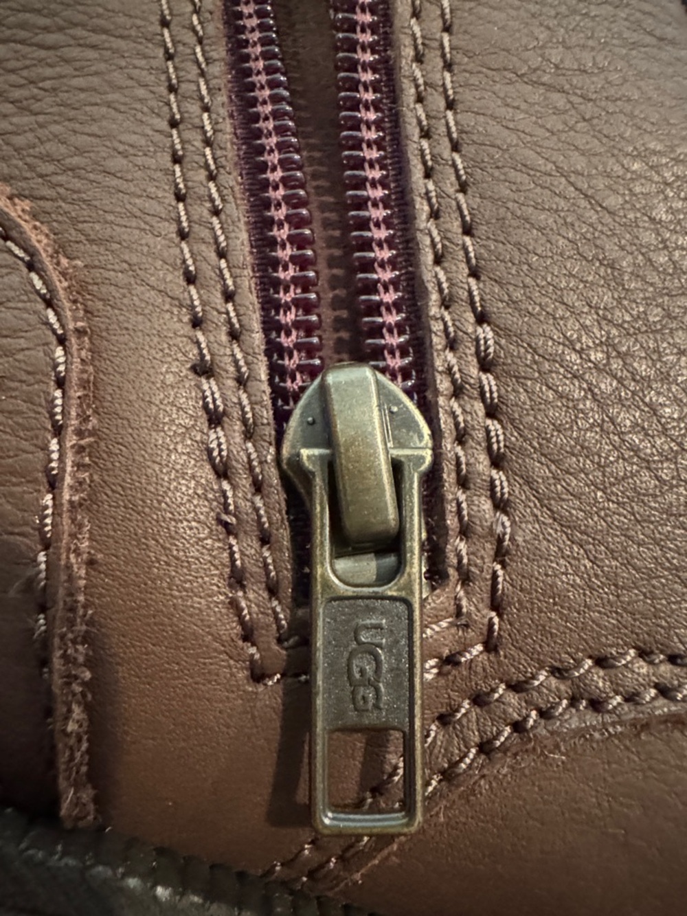 IN BOX—UGG “Jaidyn” Chocolate Brown Leather Lace-Up Zip Ankle Boots with Buckle - Picture 8 of 10